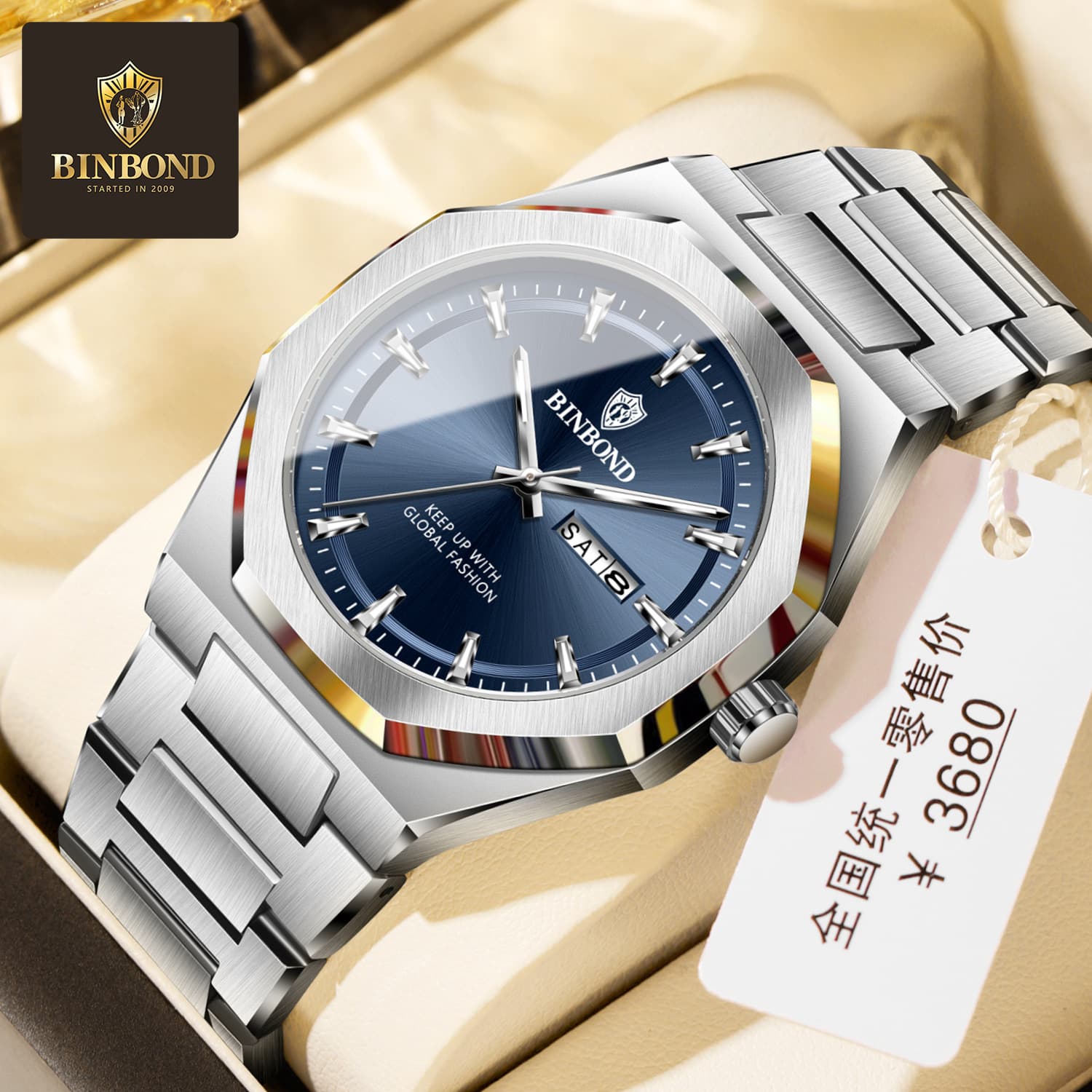 Binbond 860 Day Date Display Water Resistant Stainless Steel Mens Watch