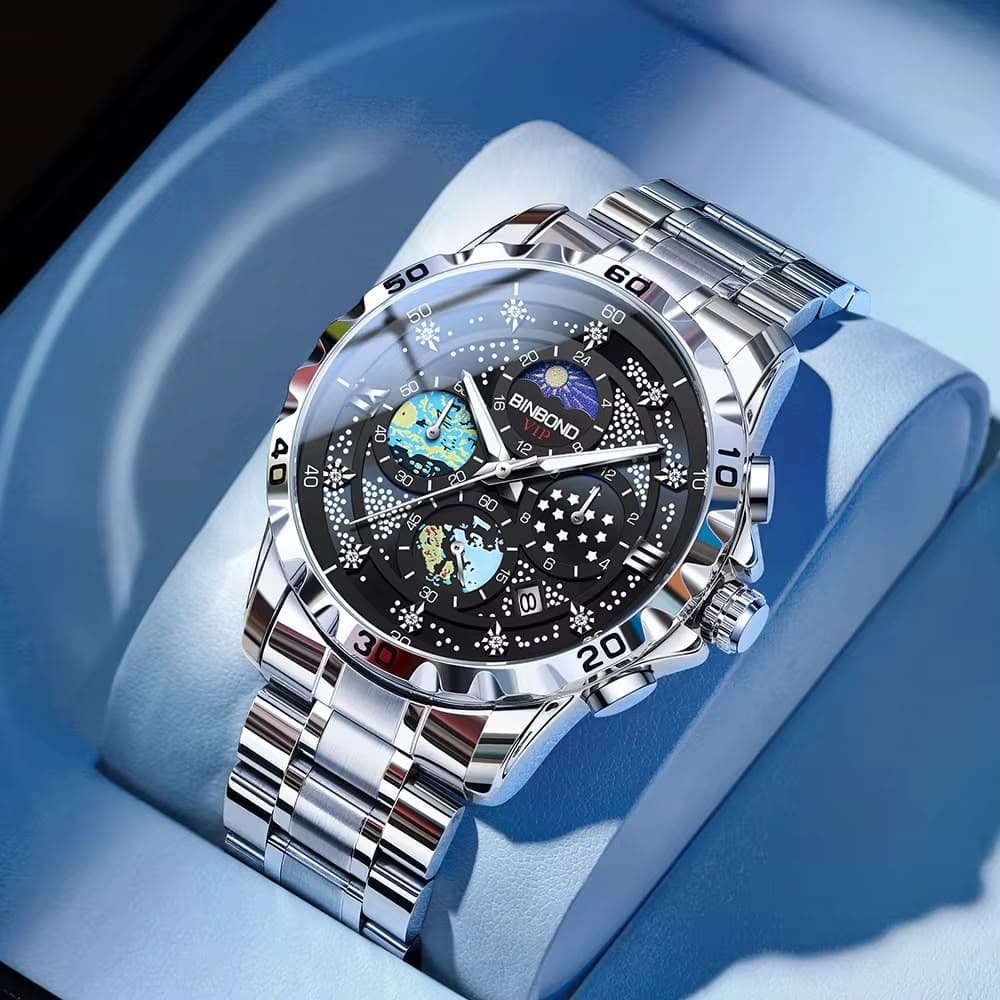 Binbond 3225 Chronograph Calendar Stainless Steel Mens Watch