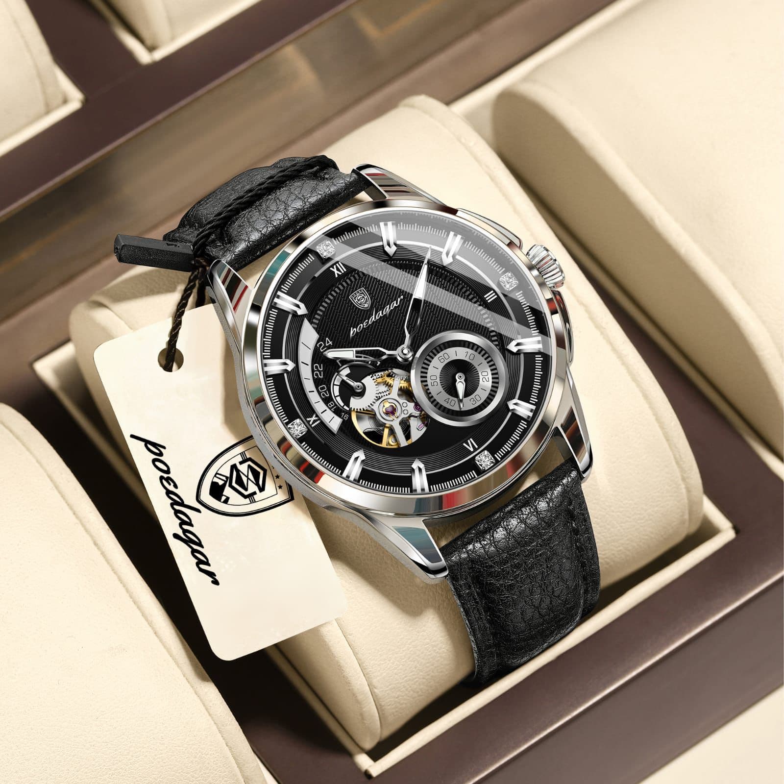POEDAGAR 1427 Automatic Chronograph Water Resistant Leather Mens Watch