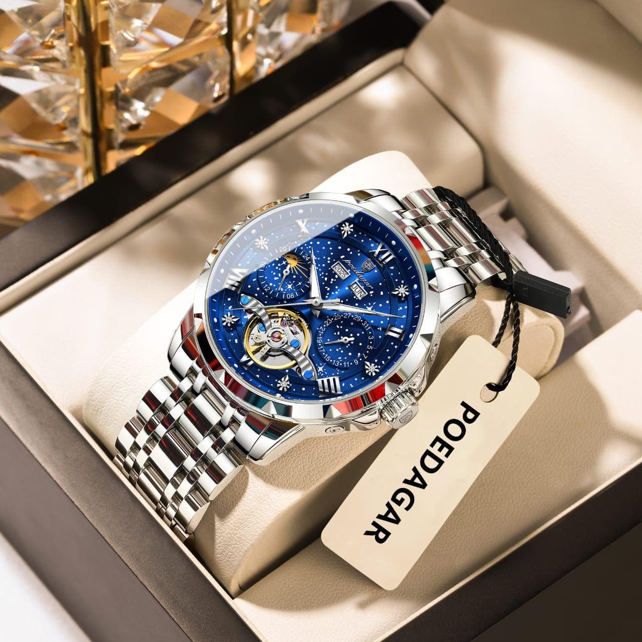 POEDAGAR 1420 Automatic Chronograph Water Resistant Stainless Steel Mens Watch