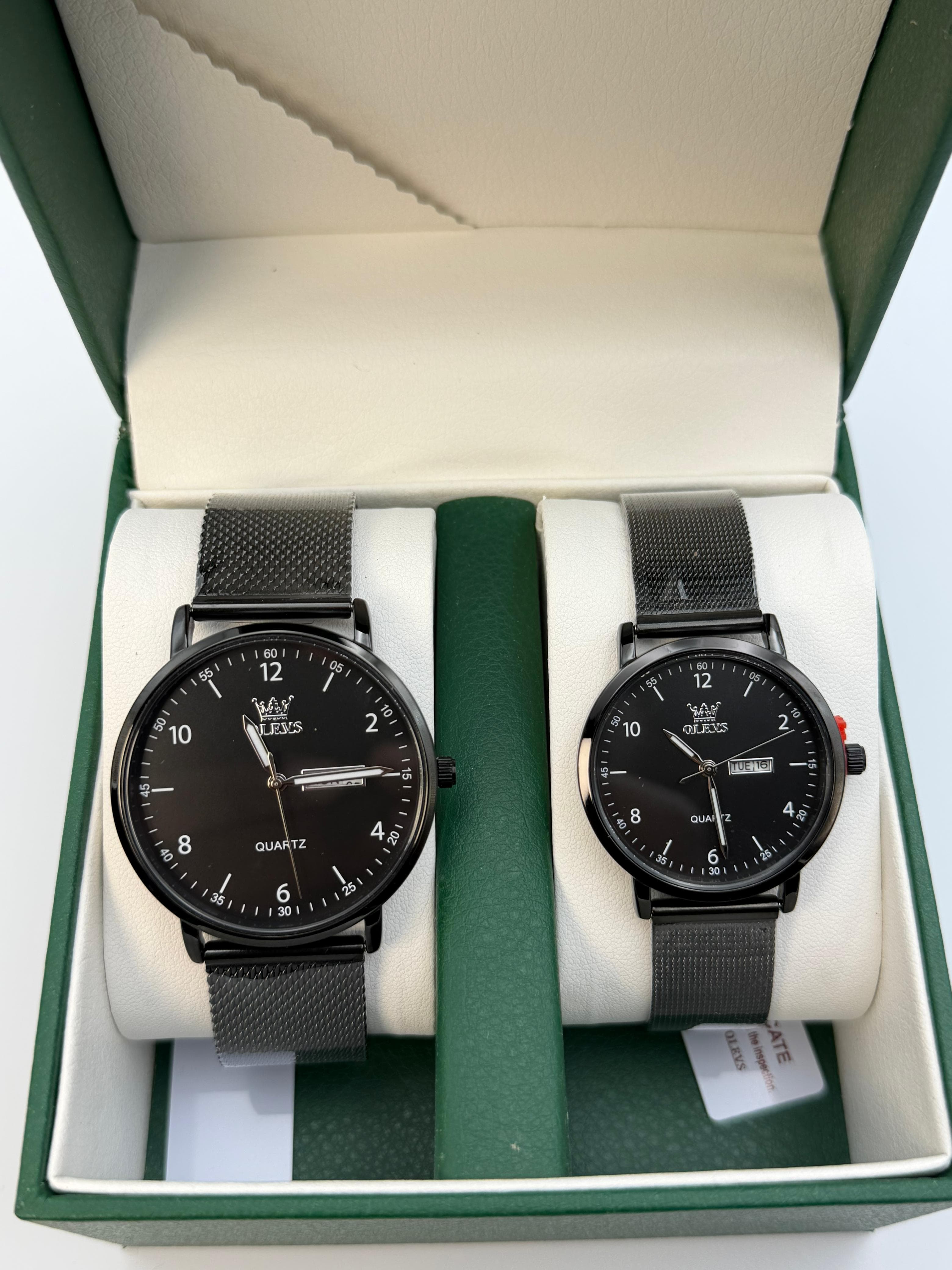 OLEVS 2996 Water Resistant Luminous Dial Stainless Steel Couple Watch Set
