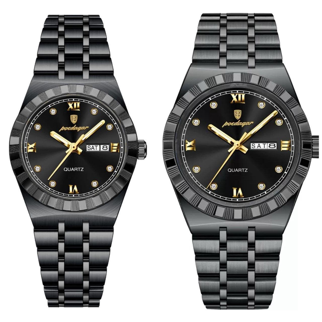 POEDAGAR 872 Water Resistant Day Date Display Stainless Steel Couple Set