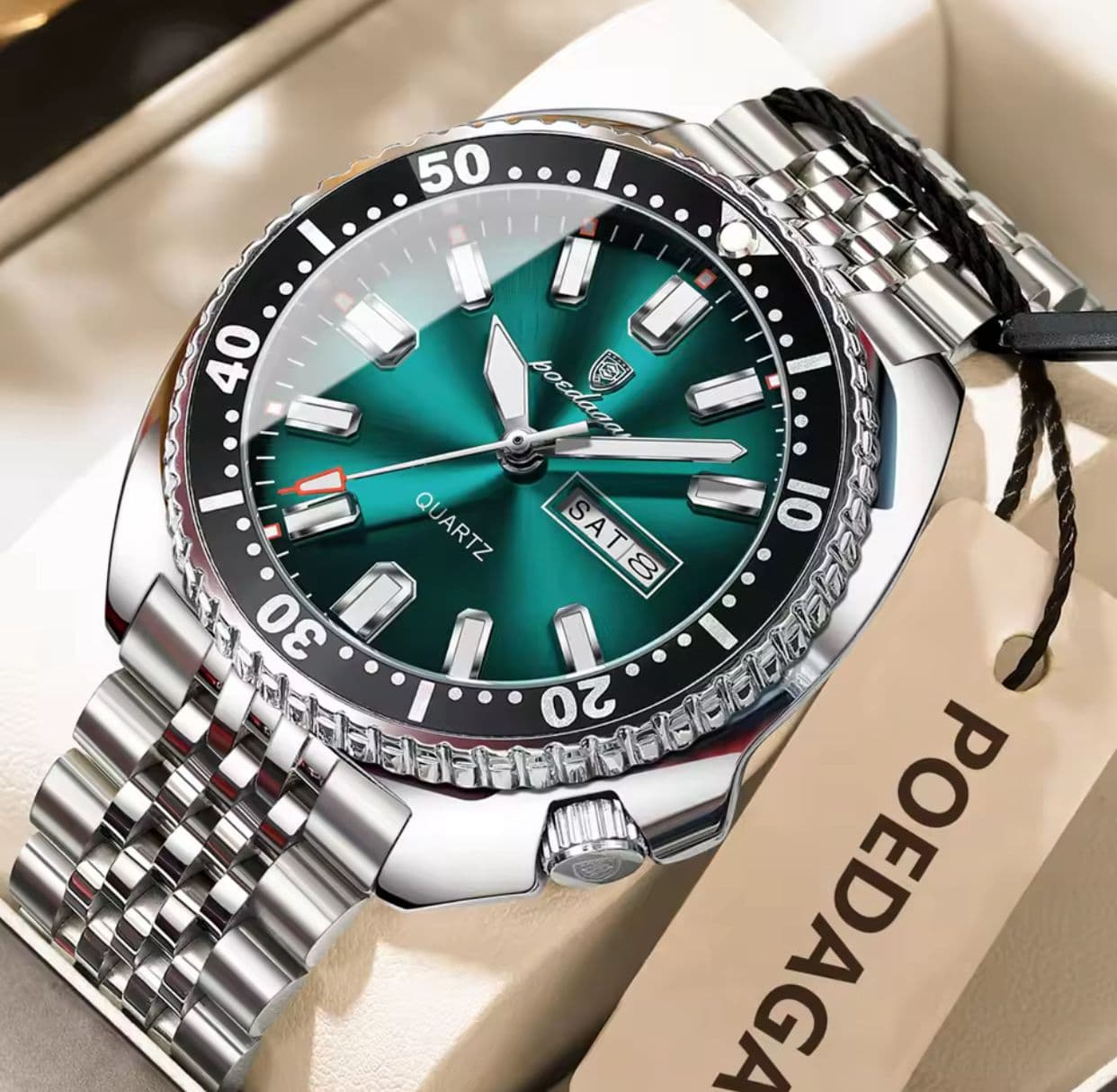 POEDAGAR 682 Stainless Steel Day Date Display Water Resistant Mens Watch