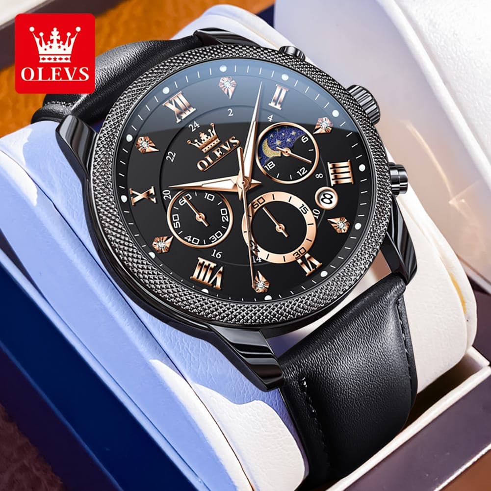 OLEVS 3660 Chronograph Moon Phase Display Water Resistant Leather Mens Watch