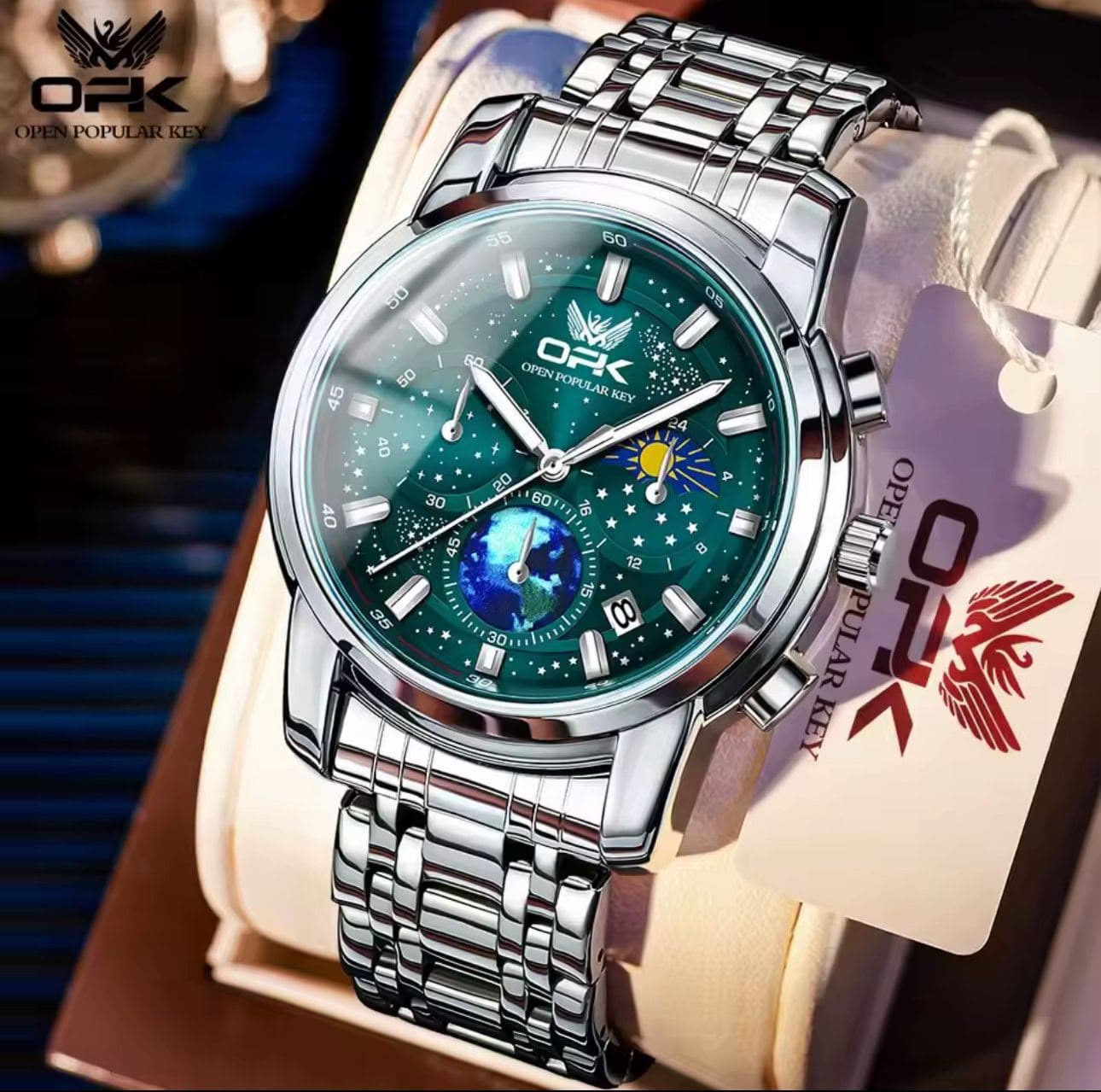 OPK 8142 Luminous Date Display Stainless Steel Mens Watch