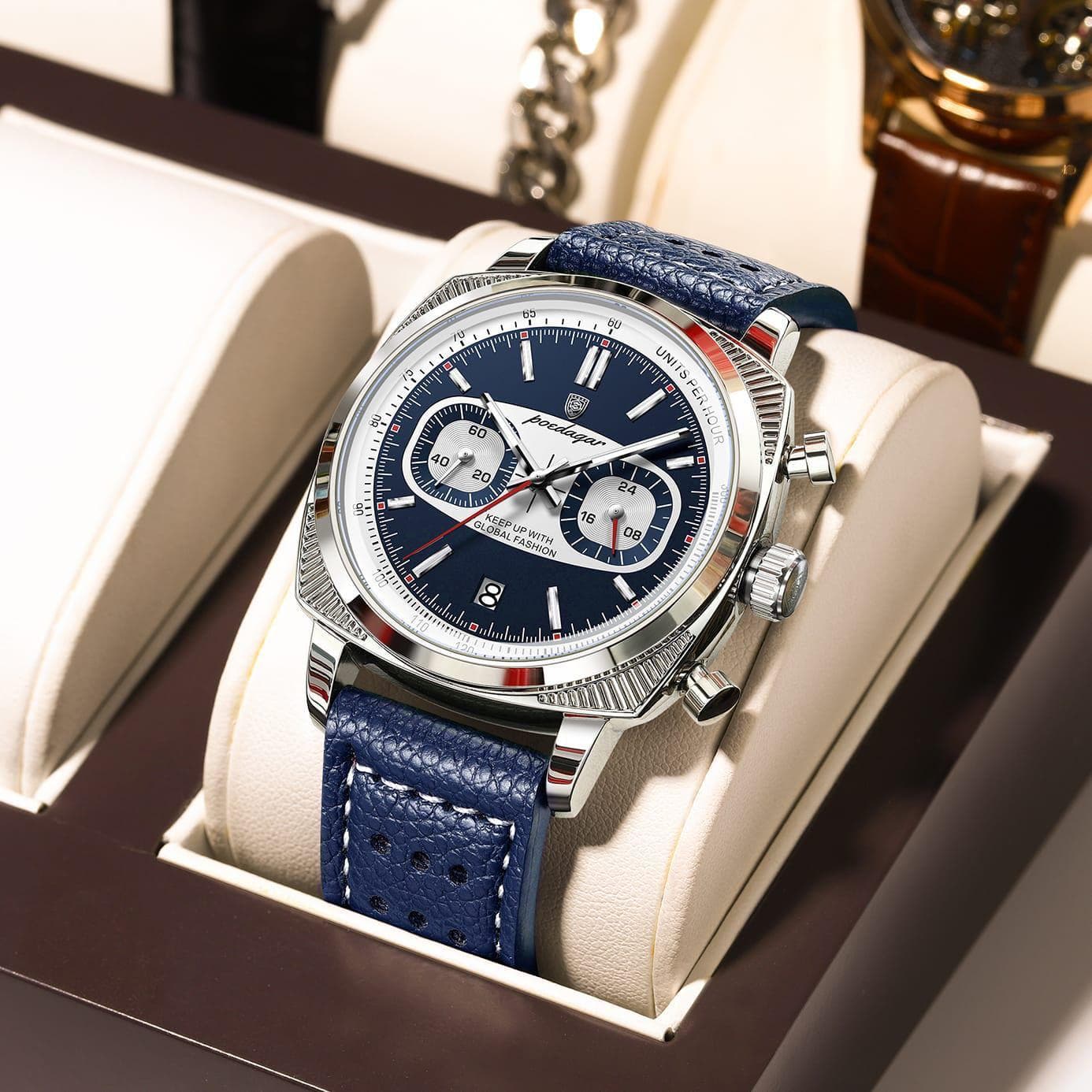 POEDAGAR 838 Chronograph Genuine Leather Water Resistant Mens Watch