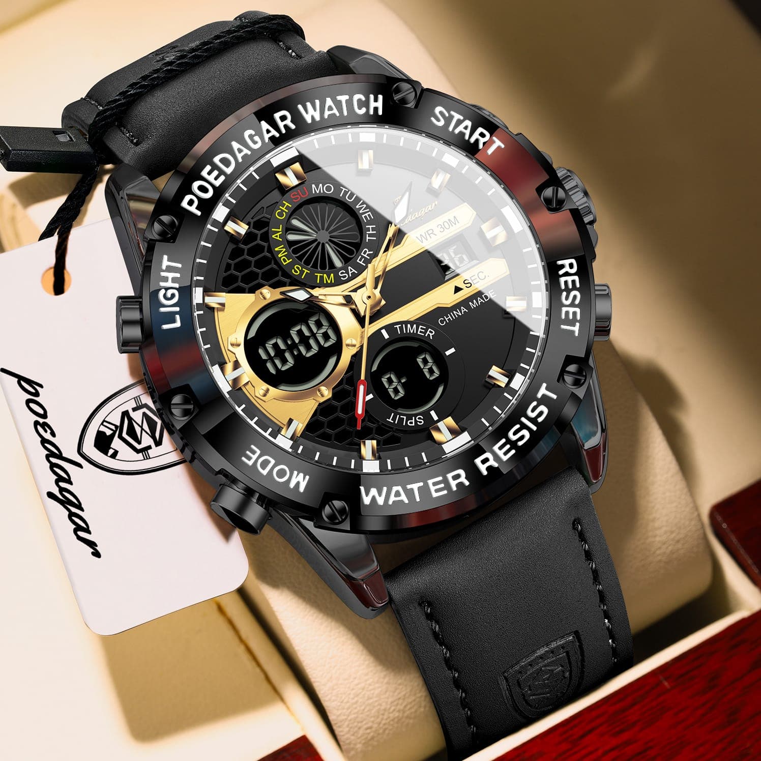 POEDAGAR E125 Dual Time Alarm Full Calendar Genuine Leather Mens Watch