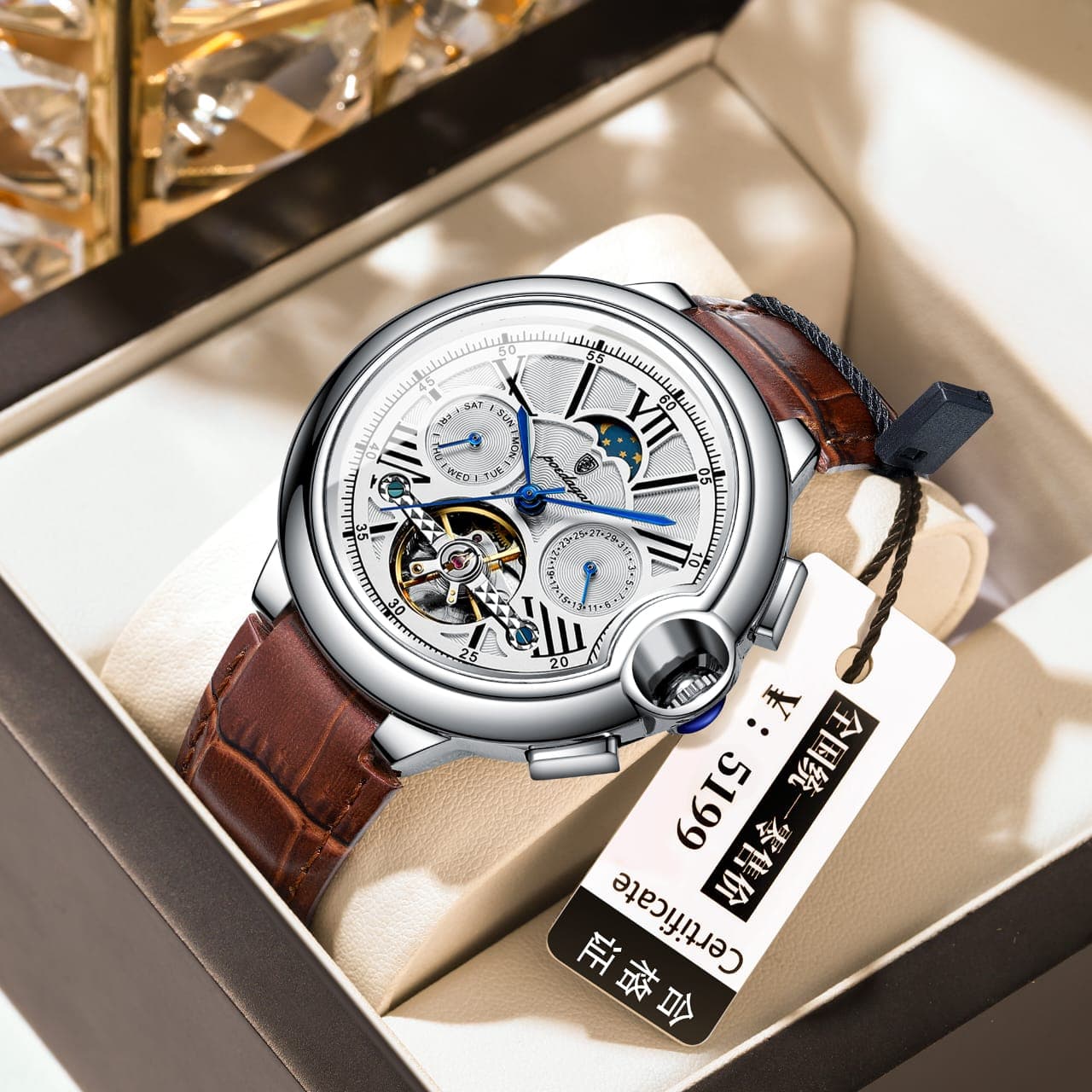 POEDAGAR 1413 Tourbillon Automatic Chronograph Genuine Leather Mens Watch