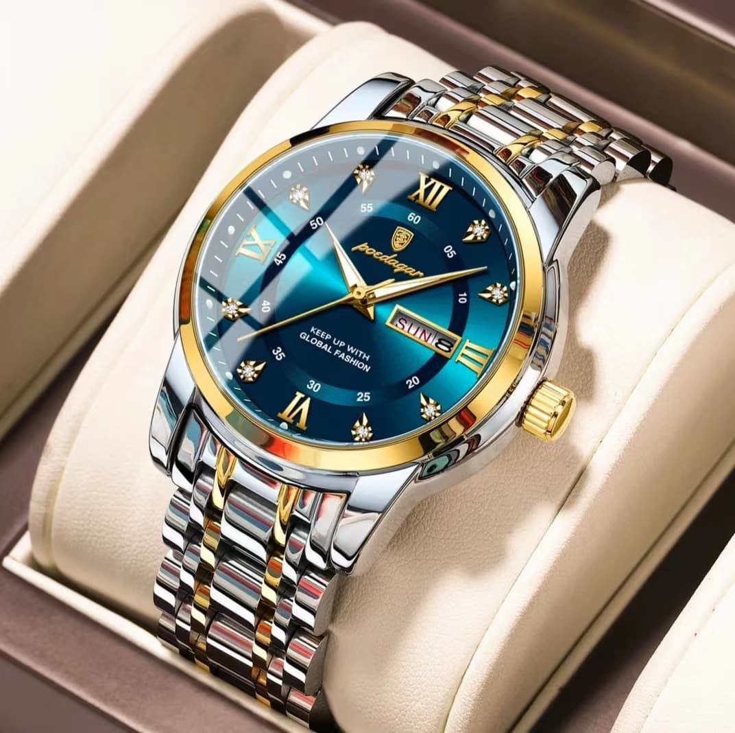 POEDAGAR 936 Water Resistant Day Date Display Stainless Steel Mens Watch