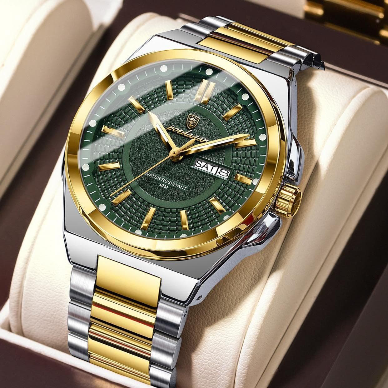 POEDAGAR 896 Day Date Display Stainless Steel Mens Watch